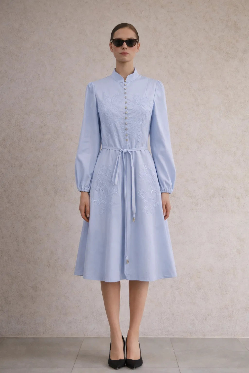 Midi embroidered Belted Dress