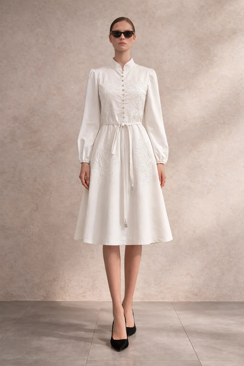 Midi embroidered Belted Dress