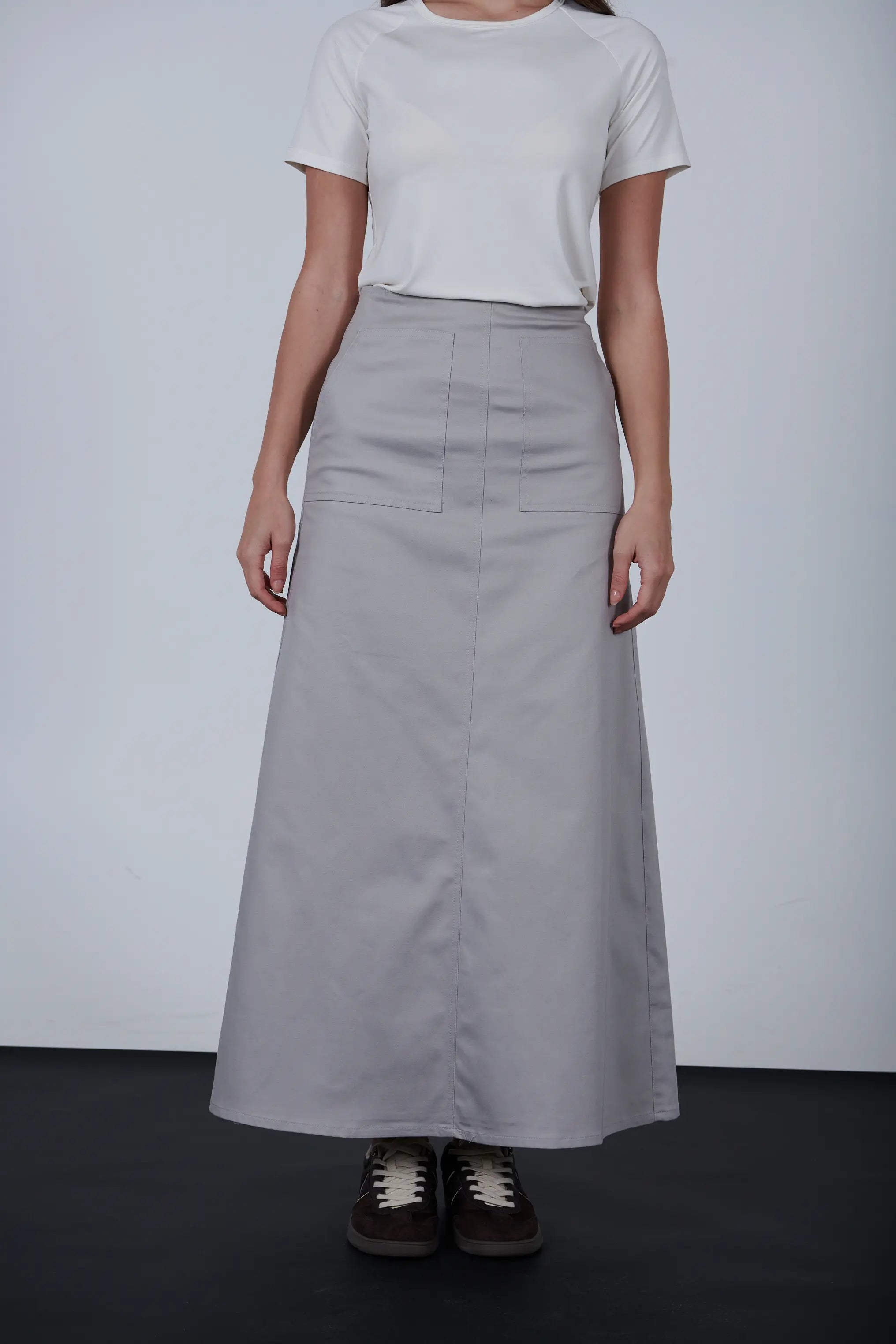 High Waist A-Line Maxi Skirt with Front Pockets