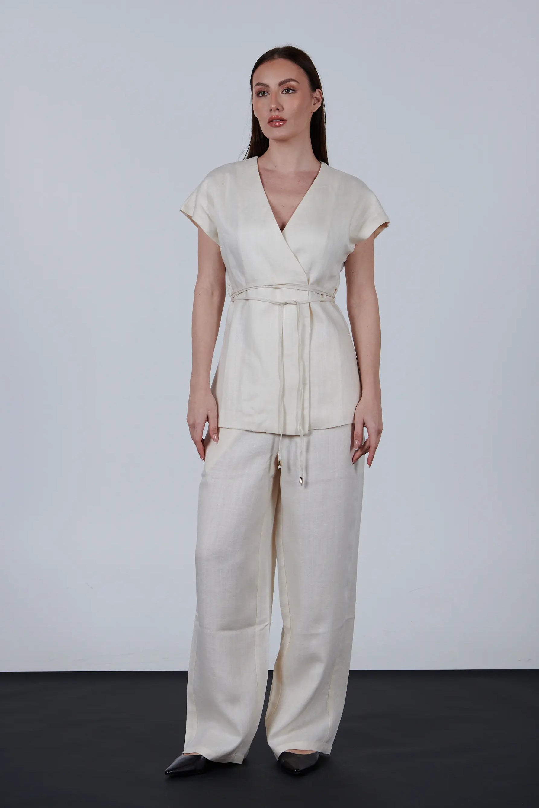 Elegant Short Sleeve Vest with Waist Tie
