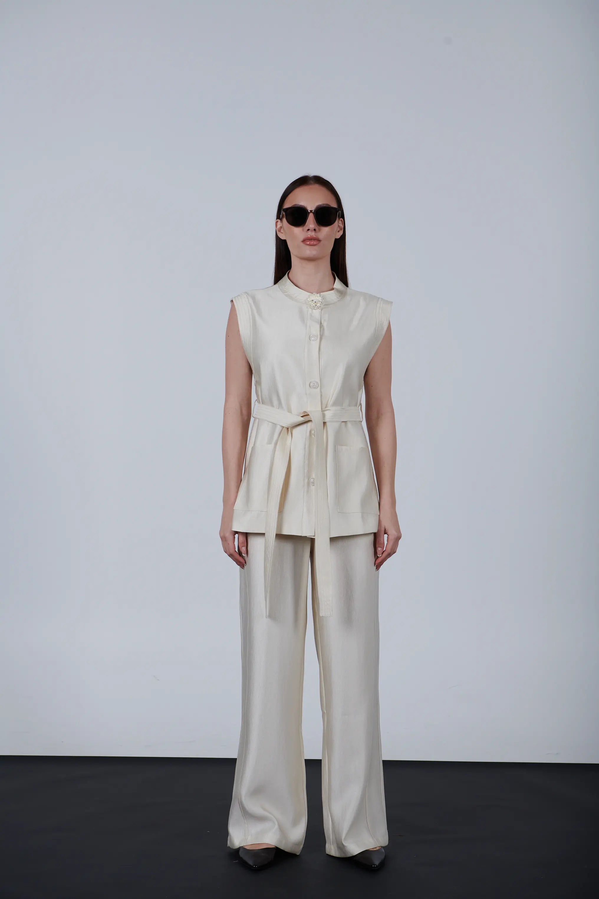 sparkling fabric belted vest