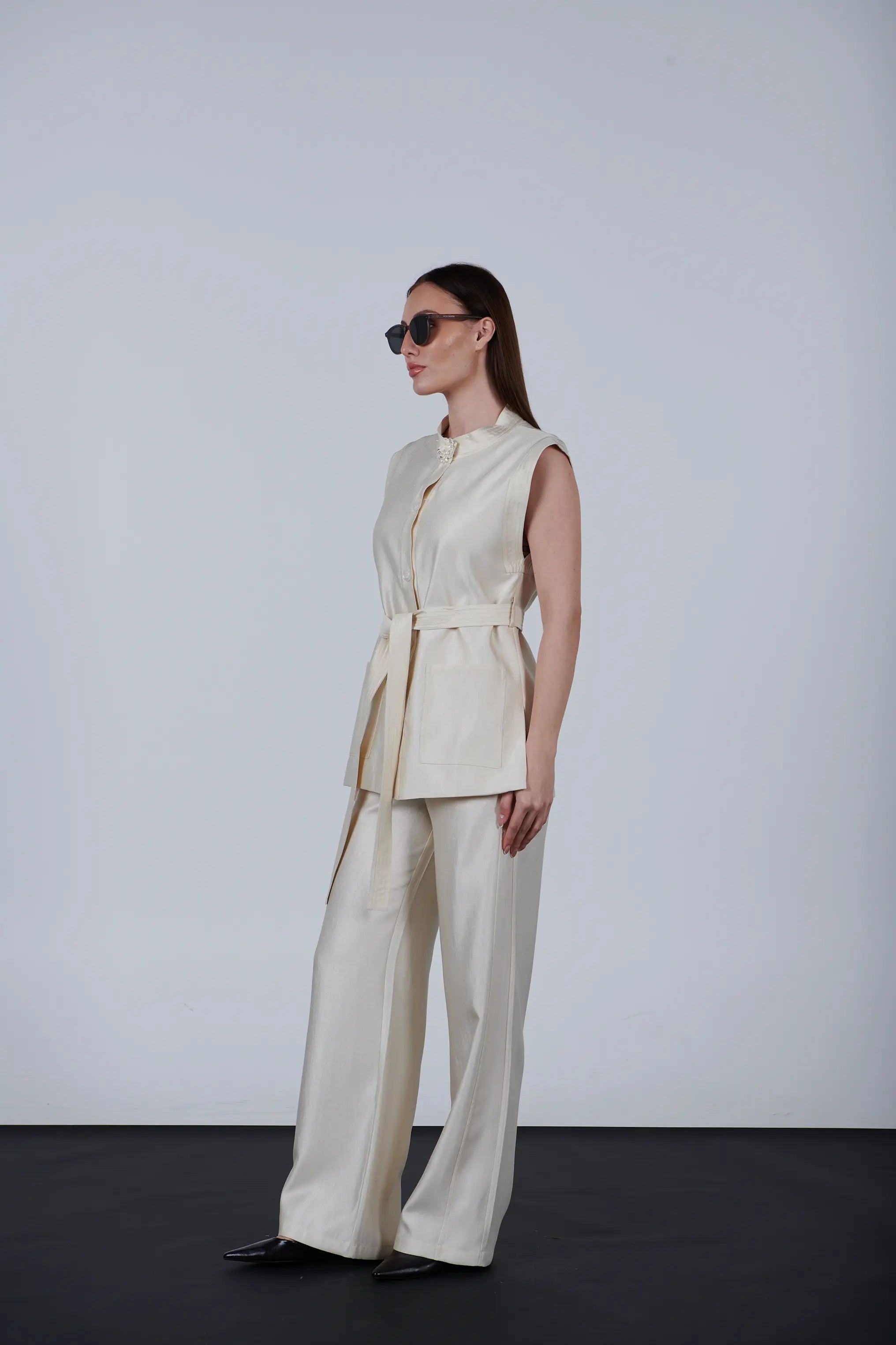 sparkling fabric belted vest