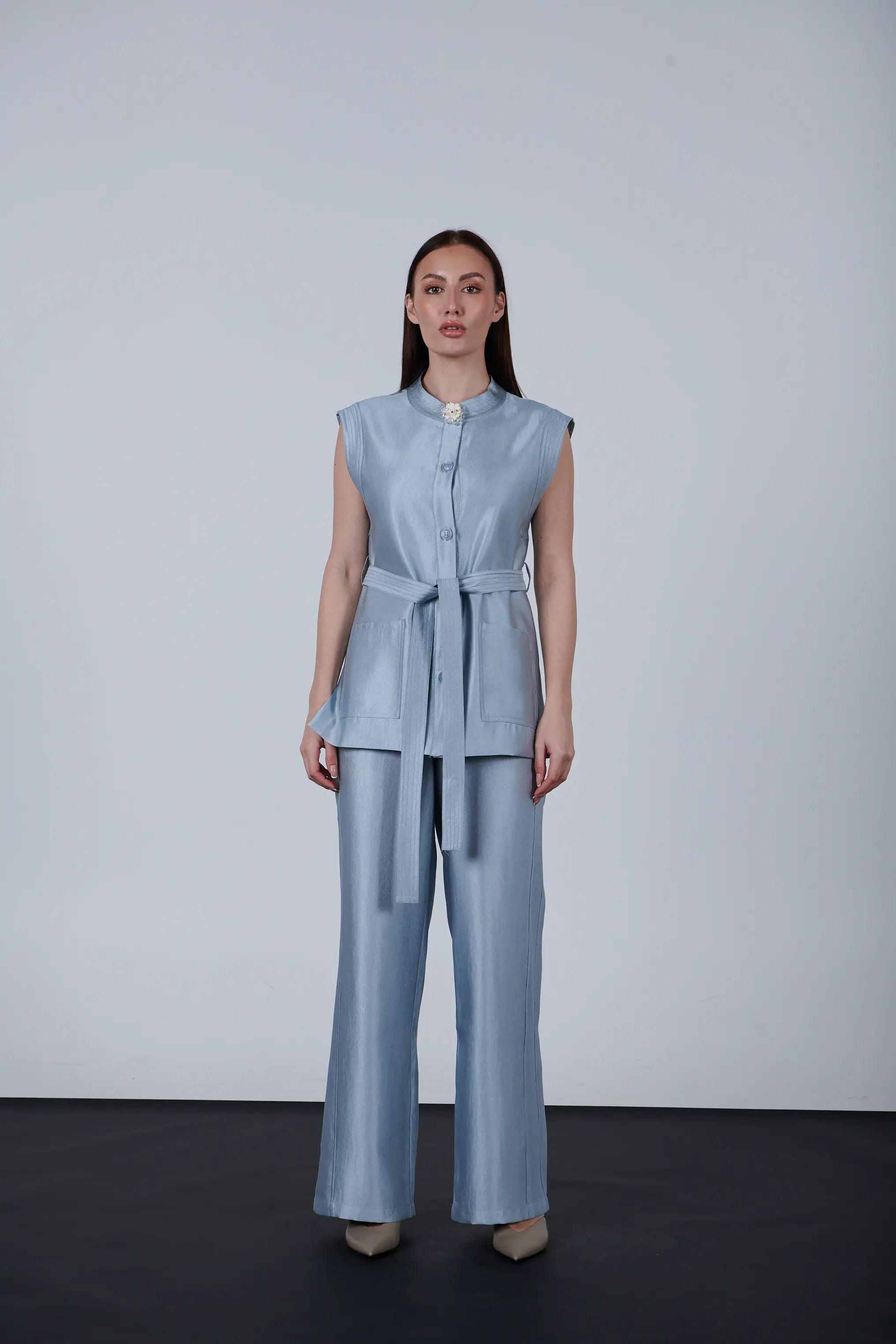 sparkling fabric belted vest