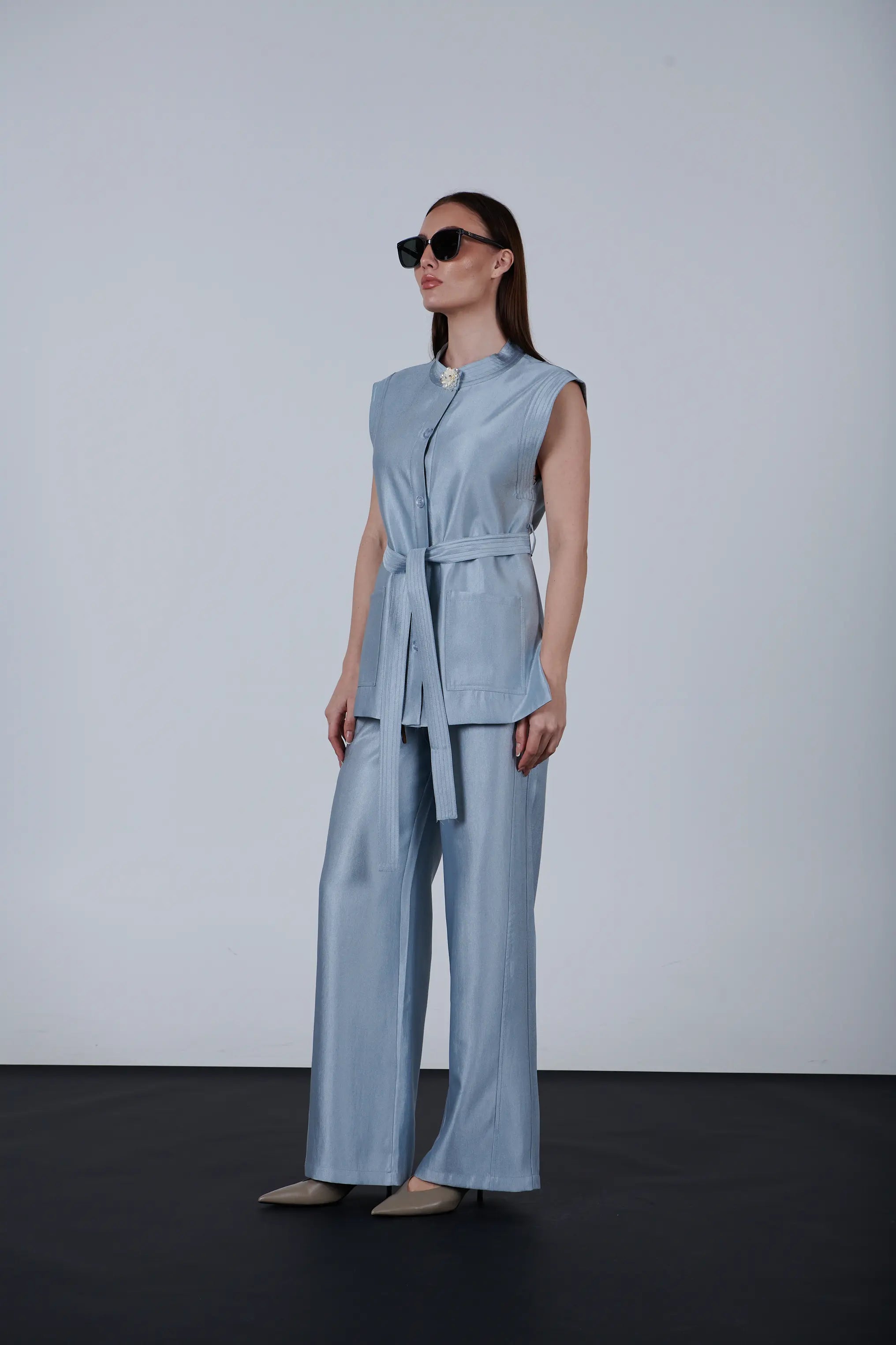 sparkling fabric belted vest