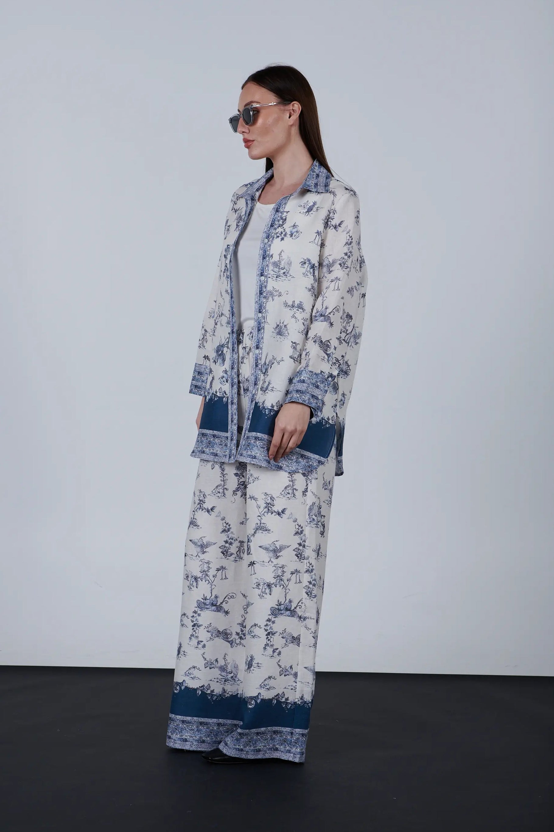 Linen Button-Down Shirt with Blue Print