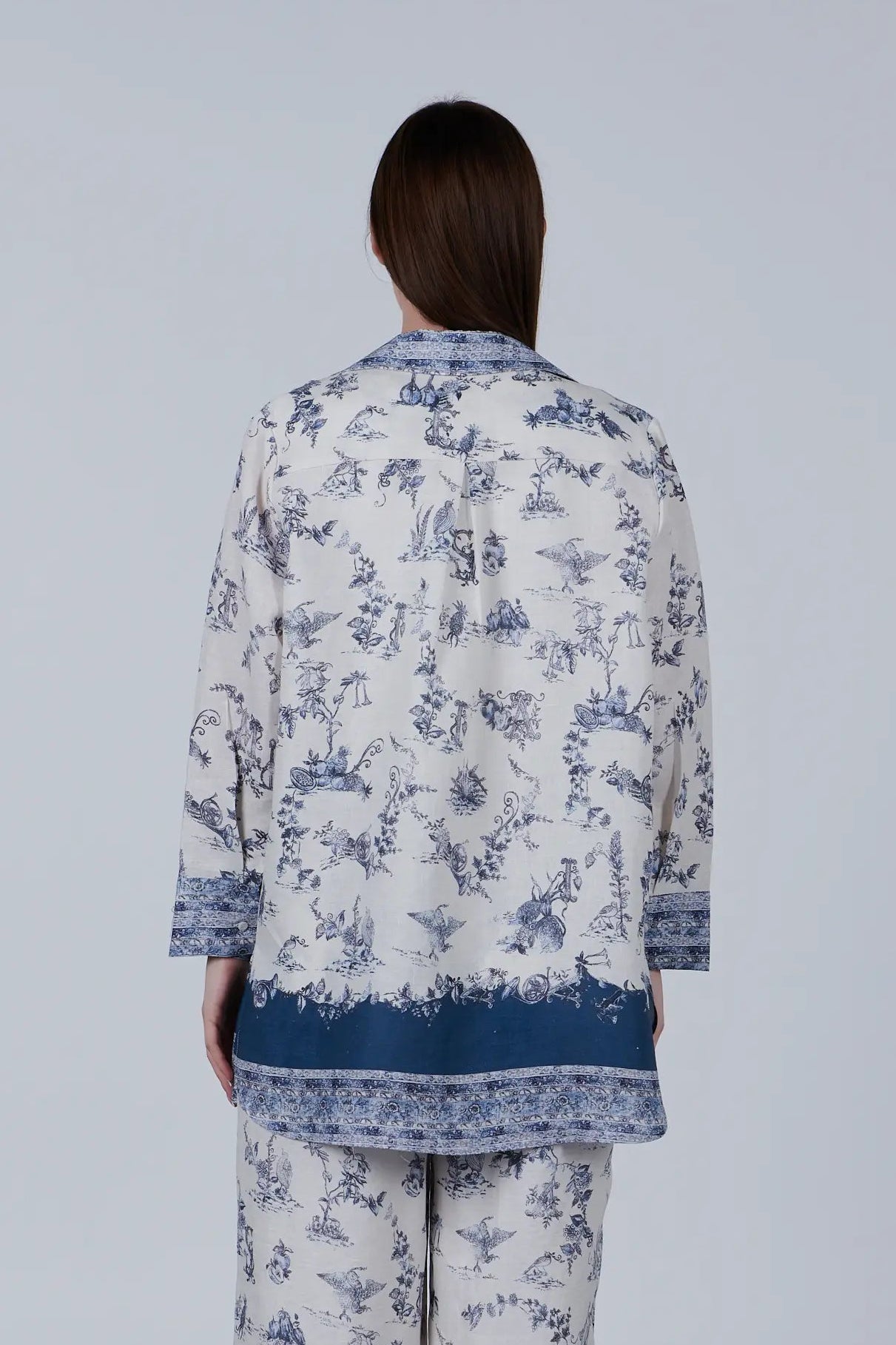 Linen Button-Down Shirt with Blue Print