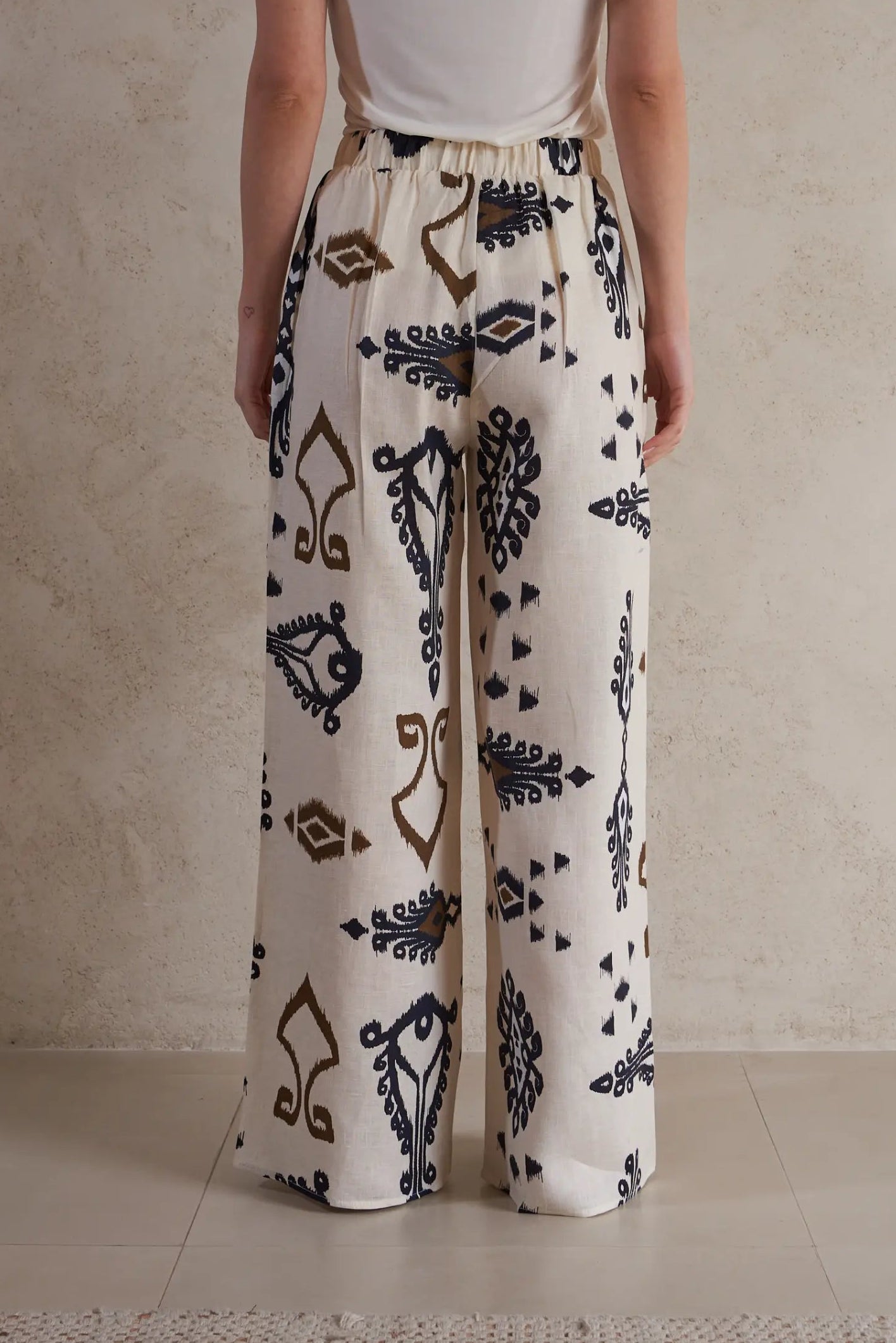 Wide-Leg Patterned Linen Pants with Elastic Waist