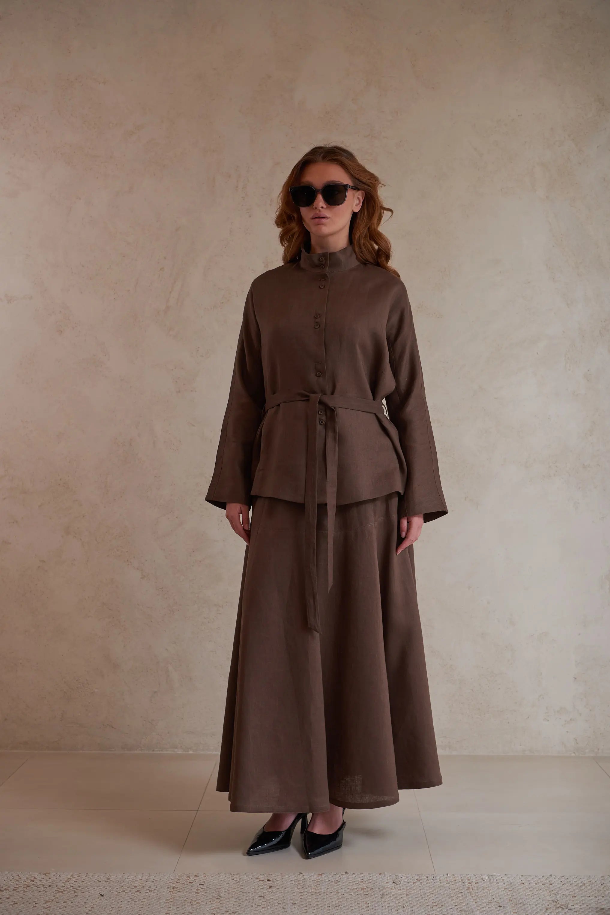 Button-Up Linen Shirt with Belt