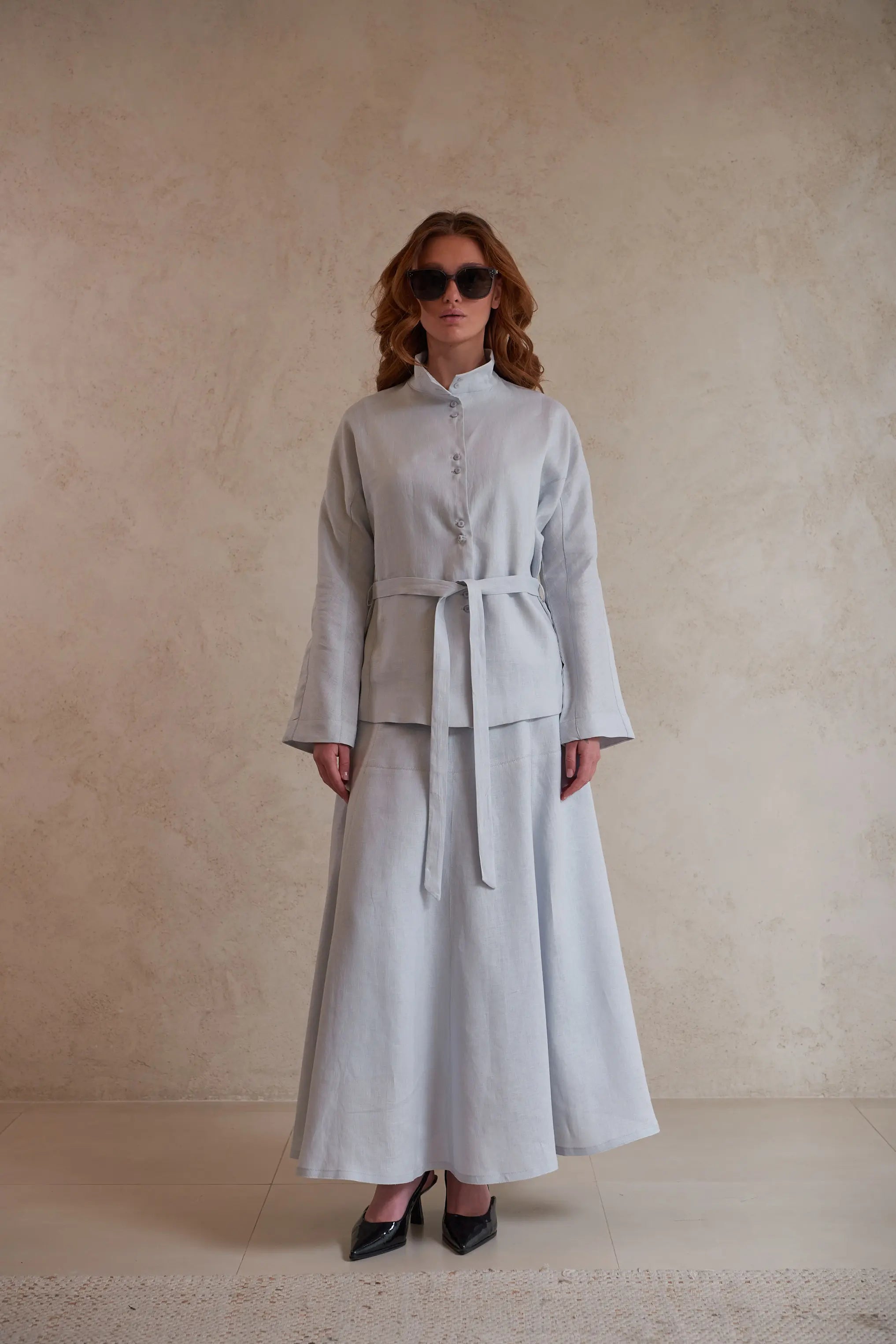 Button-Up Linen Shirt with Belt